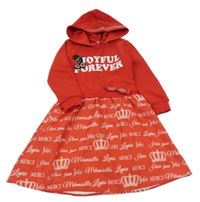 Červené teplákové šaty s nápisy a mašlí a třešničkami a kapucí