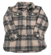 Růžovo-tmavošedo-smetanová kostkovaná vlněná košilová bunda Kiki&Koko