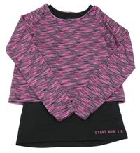 Neonově růžovo-černo-šedé melírované sportovní crop triko s všitým topem Ergeenomixx