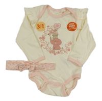 Nové - 2set - Krémové body se slonem a králíkem + růžová květovaná čelenka Liegelind