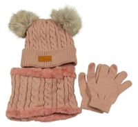 3set - Starorůžová pletená čepice s bambulemi + nákrčník + prstové rukavice