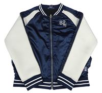 Tmavomodro-svetlosivá saténovo/tepláková jarná bunda s číslom