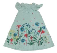 Bielo-tyrkysové pruhované bavlnené šaty s kvetinami a volánem Kids