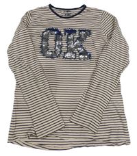 Béžovo-tmavomodré pruhované triko s písmeny z překlápěcích flitrů Tchibo