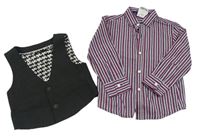 2 set - Lila-růžová pruhovaná košile + společenská vesta 