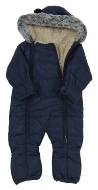 Tmavomodrá šušťáková zimná kombinéza s kapucňou s kožešinou zn. George