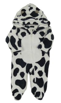 Bielo-čierna vzorovaná chlpatá kombinéza s kapucí - kravička
