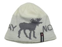 Smetanovo-šedá pletená čepice s losem a nápisem 