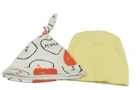 2 set - žlutá čepice + bílo-černá vzorovaná čepice s nápisy 