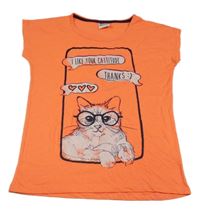 Neonově oranžové tričko s kočkou Yigga