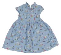 Svetlomodré plátenné šaty s husami s opaskom