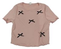 Svetloružové rebrované crop tričko s mašličkami shein