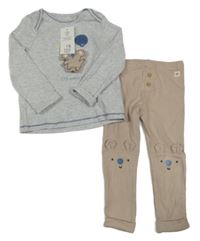 Nové - 2 set - béžové rebrované ľahké tepláky + sivé rebrované tričko s obrázkom F&F