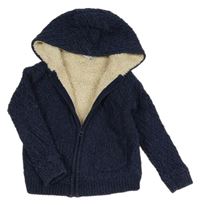 Tmavomodrý melírovaný propínací zateplený svetr s kapucí Miniclub