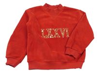 Červená plyšová mikina s čísly z flitrů