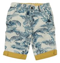 Bílo-modro-hořčicové plátěné kraťasy s listy 