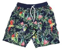 Tmavomodro-zelené plážové kraťasy s listy a papoušky 