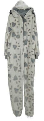 Dámská bílo-šedo-růžová vzorovaná plyšová kombinéza s kapucí 