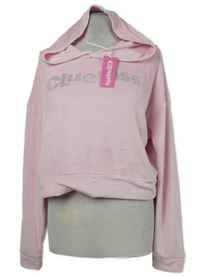 Nové - Dámská světlerůžová sametová crop mikina s nápisem a kapucí 