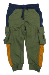 Khaki-tmavomodro-oranžové tepláky s kapsami Matalan 