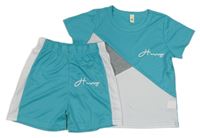 2set- tyrkysovo-bílo-šedé sportovní tričko s nápisem+ kraťasy