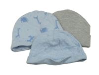 3x bavlněná čepice modrá so zebrami+ šedá+ pruhovaná