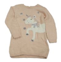 Svetloružové chlpaté svetrové šaty s jednorožcom Primark