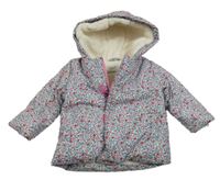 Bílá květinová šusťáková zimní bunda s kapucí Jojo Maman Bébé