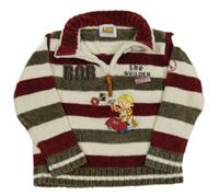 Bílo-vínovo-khaki pruhovaný žinylkový svetr s Bořkem 