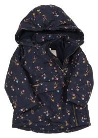 Tmavomodrá květinová šusťáková zimní bunda s kapucí Topomini