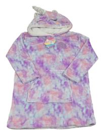 Nové - fialovo-růžovo-modrá chlupatá oversize mikina s kapucí- jednorožec vel.116-128