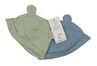 Nové - 2x bavlněná čepice - khaki + modrá