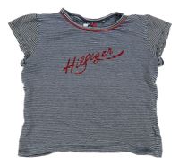 Tmavomodro-bílé pruhované tričko s nápisem Tommy Hilfiger