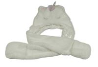 Bílá chlupatá čepice s šálou - jednorožec