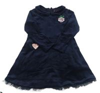 Tmavomodré plyšové šaty s nášivkami a tylem Pocopiano