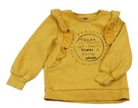 Horčicová mikina s nápisy, sluníčkem a volánky 