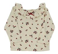 Smetanové žebrované triko s jahodami a límečkem