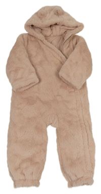 Starorůžová kožešinová zateplená kombinéza s kapucí s oušky Tu