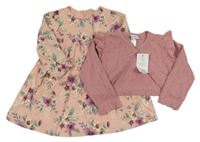 Nové - 2set - Růžové květované plátěné šaty + svetrové bolerko F&F