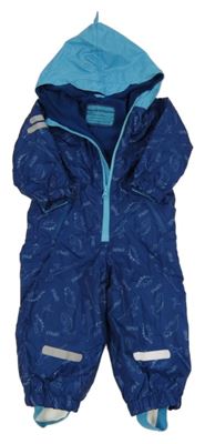 Tmavomodrá šusťáková podšitá kombinéza s dinosaury a kapucí Pocopiano