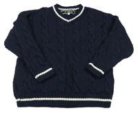 Tmavomodrý sveter s bílým lemem