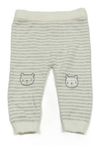 Smetanovo-šedé pruhované pletené kalhoty se medvídky 