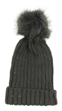 Šedá pletená žebrovaná čepice s flitry a bambulí Hallhuber