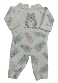 Biely fleecový overal s medvedíkmi zn. Benetton