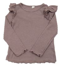 Fialovohnědé žebrované vzorované úpletové mikinotriko s volánikmi SHEIN