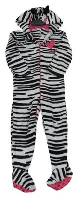 Bílo-černá plyšová kombinéza se srdíčky a kapucí - Zebra Mothercare