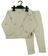 Nové - 2Set - Smetanový 3D puntíkatý svetr s kytičkami + žebrované úpletové kalhoty F&F