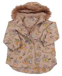 Staroružová šušťáková zimná bunda s obrázky a kapucňou s kožešinou a uškami Next