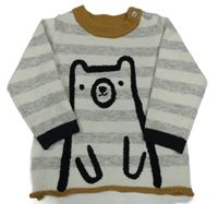 Sivo-bielo-hnedý pruhovaný melírovaný sveter s medvedíkom Nutmeg