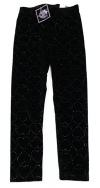 Nové - čierne zamatové legíny so trblietavými srdiečkami Kiki&Koko
